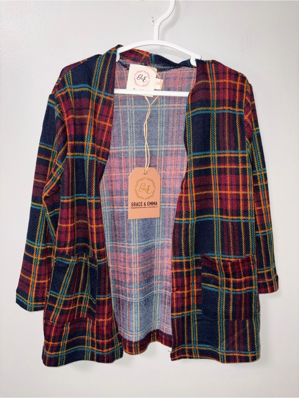 Grace & Emma Boutique Burgundy Navy Gold Plaid Open Front Cardigan NWT 2/3T